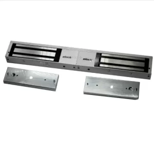 The Elock-1200Lx2 is a dual leaf door electromagnetic lock, supporting 1200lbs per leaf, featuring door monitoring and fail-safe design.